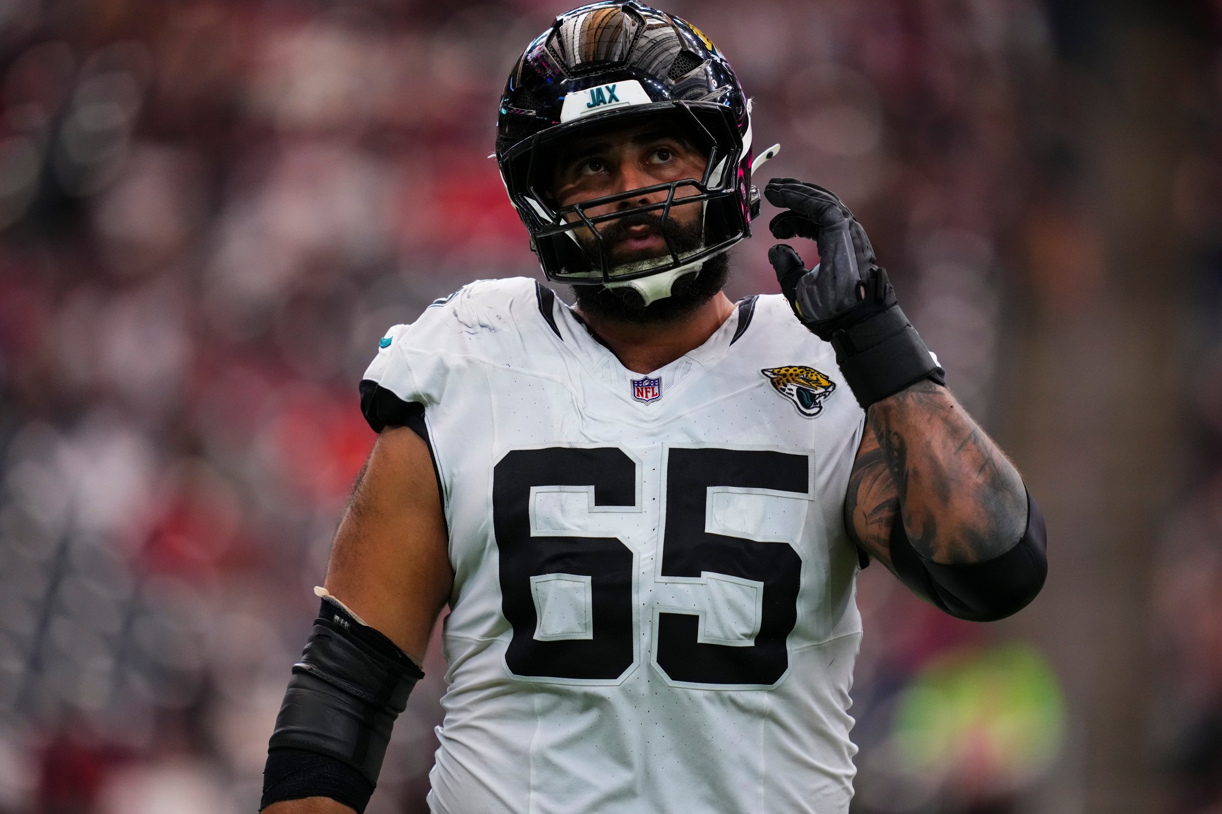 HOUSTON, TX - NOVEMBER 09: Patrick Mekari #65 of the Jacksonville Jaguars looks on from the field during an NFL football game against the Houston Texans at NRG Stadium on November 9, 2025 in Houston, Texas. (Photo by Cooper Neill/Getty Images)