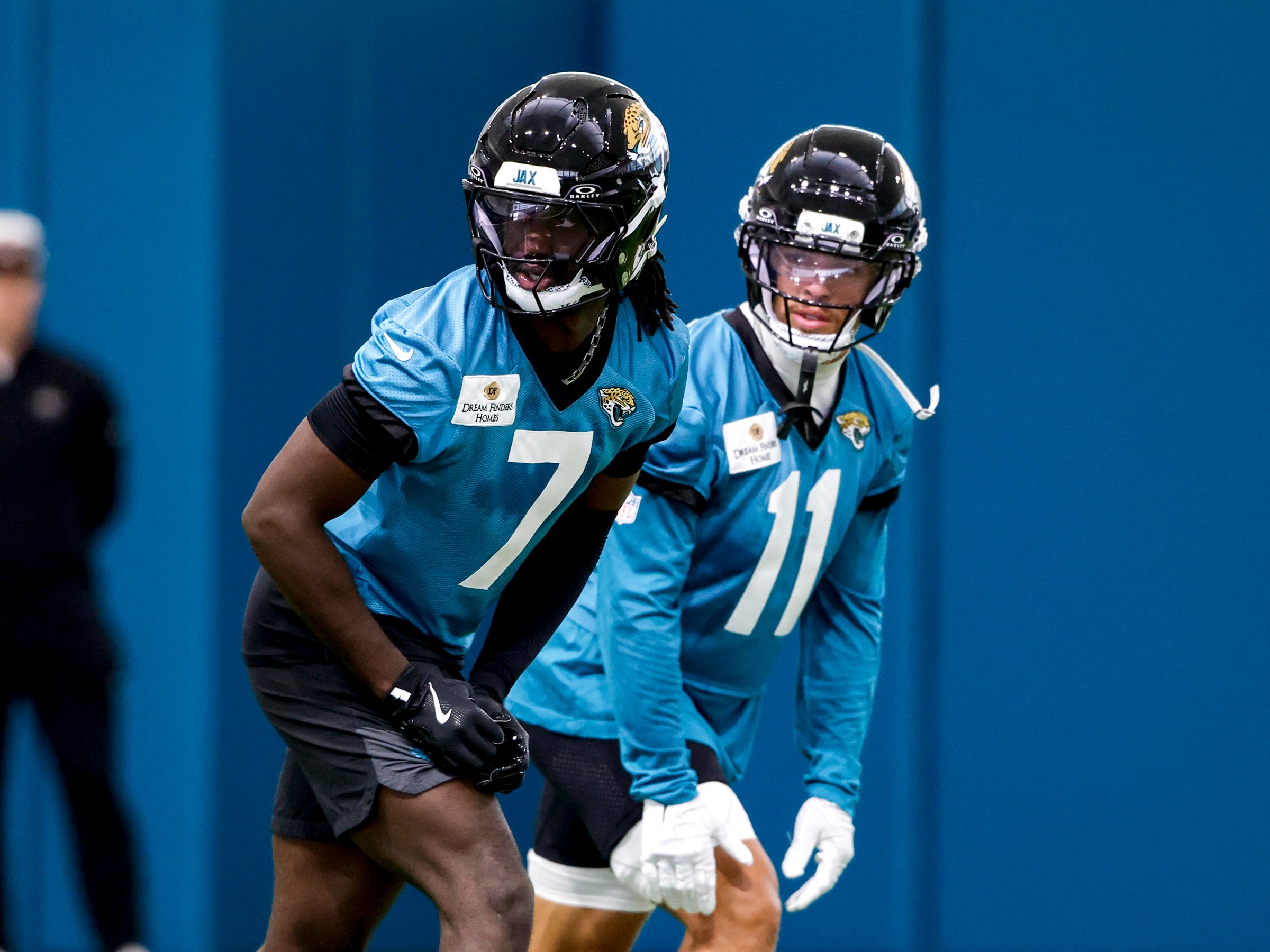 JACKSONVILLE, FL - MAY 26: Wide Receivers Brian Thomas Jr. #7 and Parker Washington #11 of the Jacksonville Jaguars go through workout drills during OTA Offseason Workouts at Miller Electric Center on May 26, 2026 in Jacksonville, Florida. (Photo by Don Juan Moore/Getty Images)