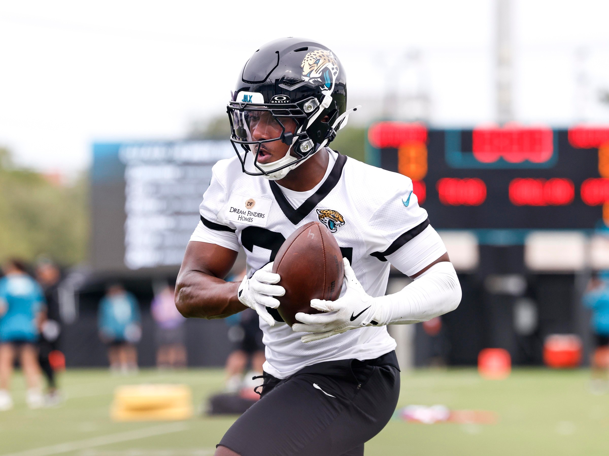 JACKSONVILLE, FL - JUNE 09: Caleb Ransaw #27 of the Jacksonville Jaguars goes through work out drills during Mandatory Veteran Minicamp at Miller Electric Center on June 9, 2026 in Jacksonville, Florida. (Photo by Don Juan Moore/Getty Images)