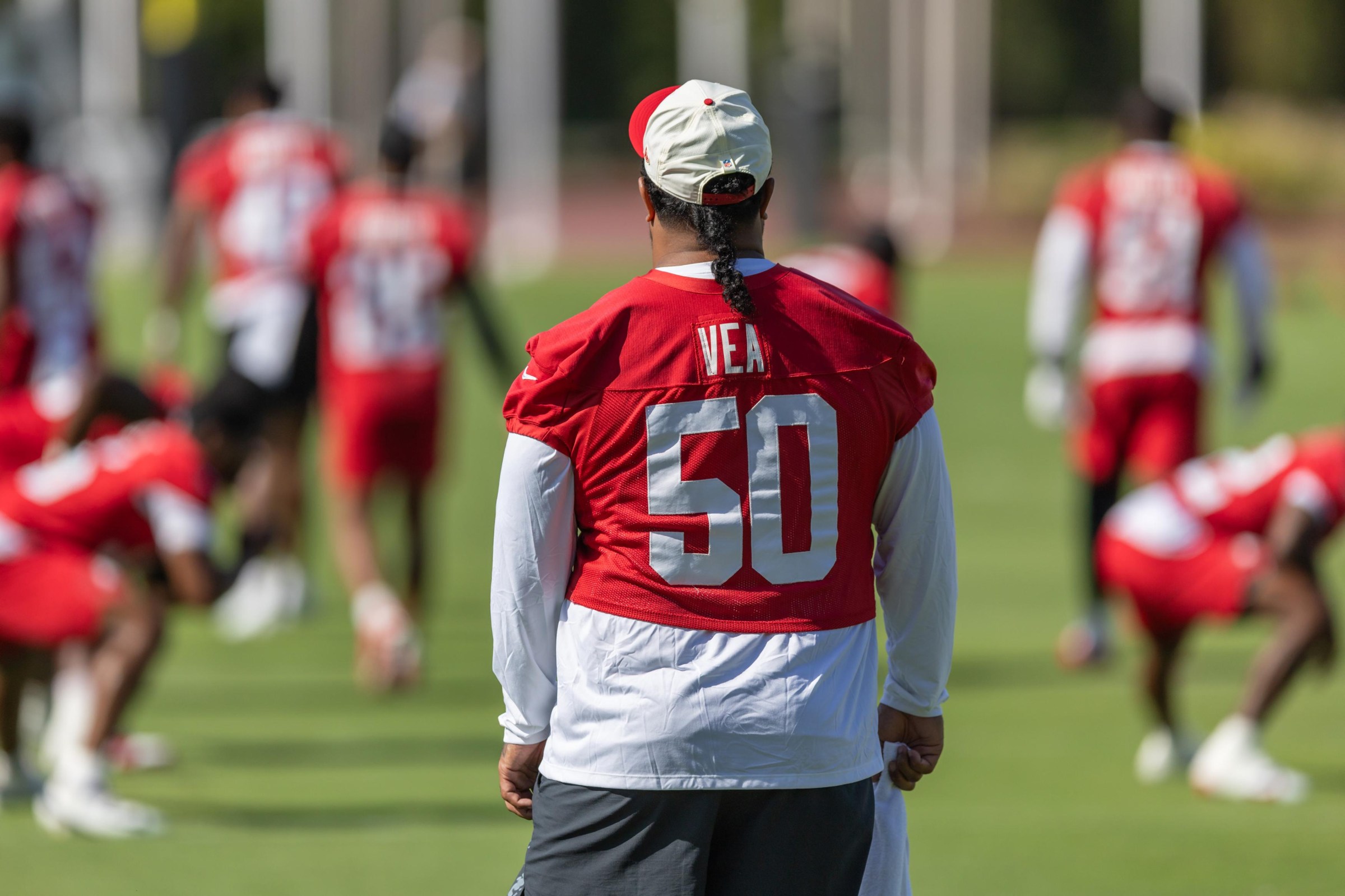 TAMPA, FLORIDA - JUNE 17: Vita Vea #50 of the Tampa Bay Buccaneers watches drills during mandatory minicamp the AdventHealth Training Center on June 17, 2026 in Tampa, Florida. (Photo by Mike Carlson/Getty Images)