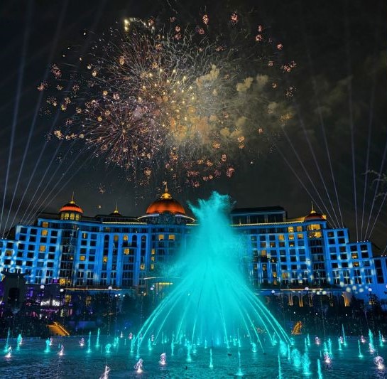 Celestial Goodnight Epic Universe firework light blue fountains and lights 