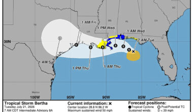 Tropical Storm Bertha strengthens as warnings extend into Florida, NHC says