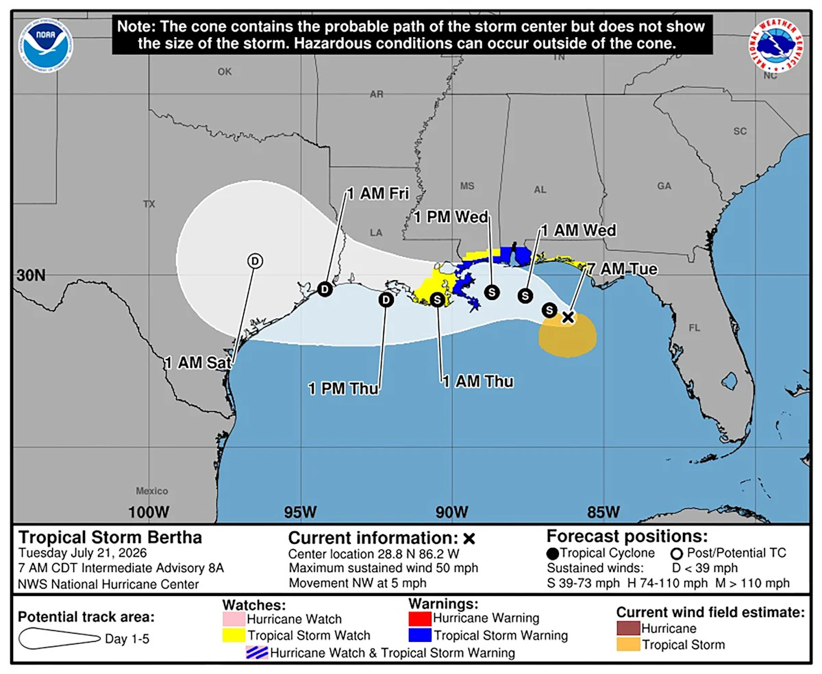 Tropical Storm Bertha strengthens as warnings extend into Florida, NHC says