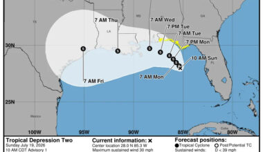 On the morning of July 19, the National Hurricane Center issued the first tracking map for a tropical depression expected to become Tropical Storm Bertha.