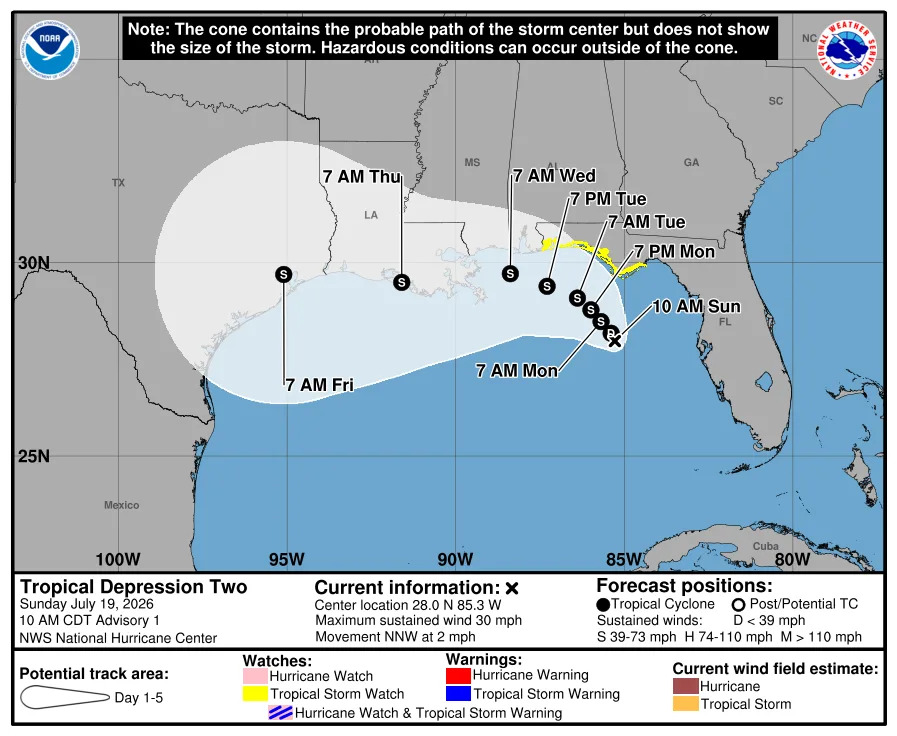 On the morning of July 19, the National Hurricane Center issued the first tracking map for a tropical depression expected to become Tropical Storm Bertha.