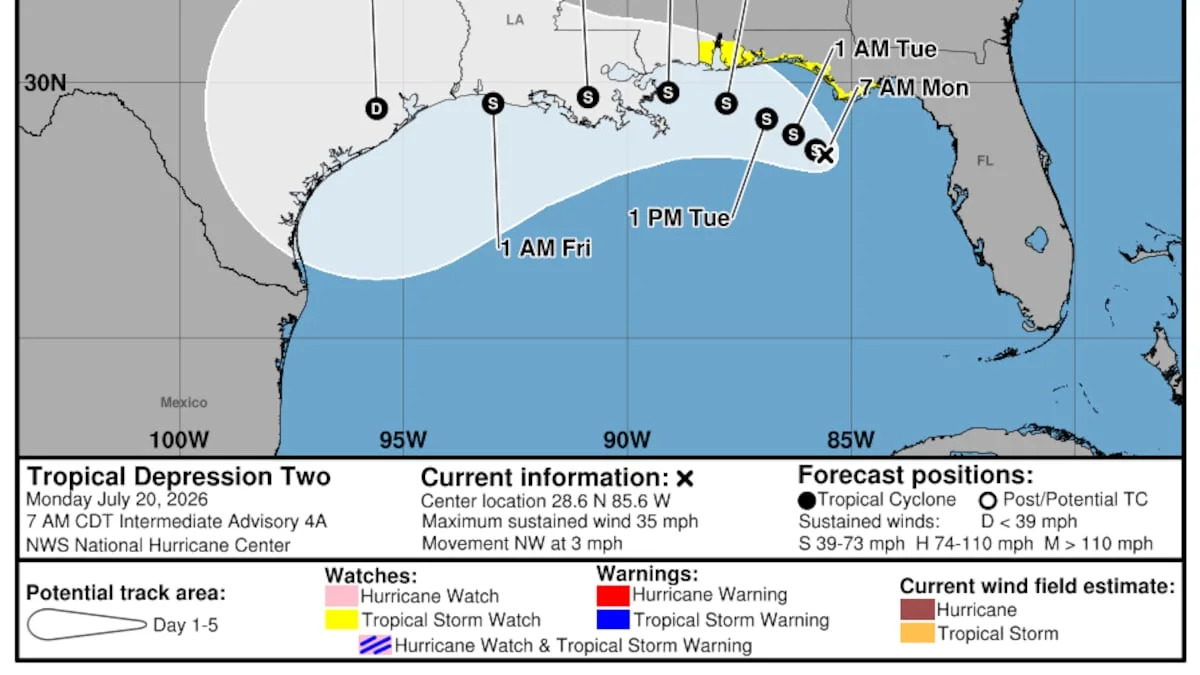 Tropical depression moves west to Florida Panhandle, bringing showers to Tampa Bay