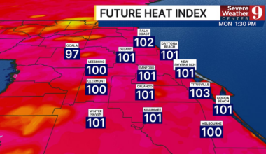 Central Florida heat index above 100, storms expected Monday