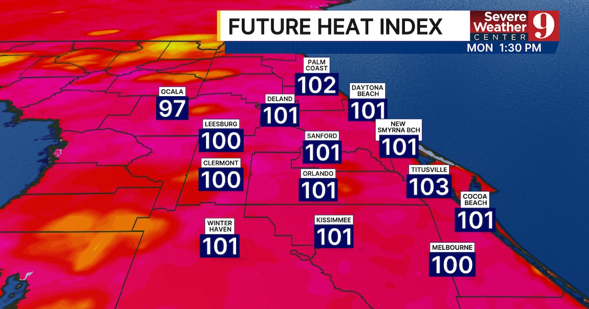 Central Florida heat index above 100, storms expected Monday