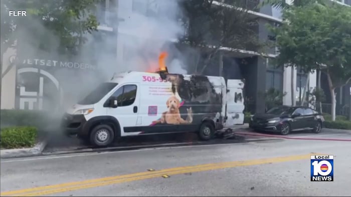 Parked pet grooming truck goes up in flames