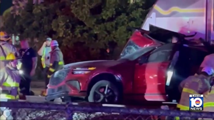 Woman suffers broken hand, busted lip after collision involving car, Brightline train
