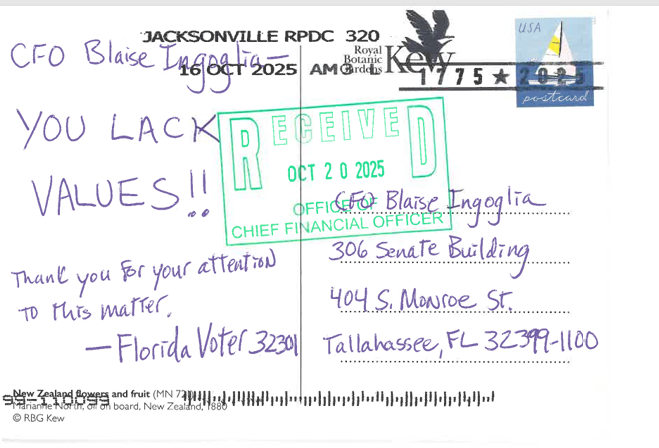 A postcard reading "You lack values!! Tank you for your attention to this matter."
