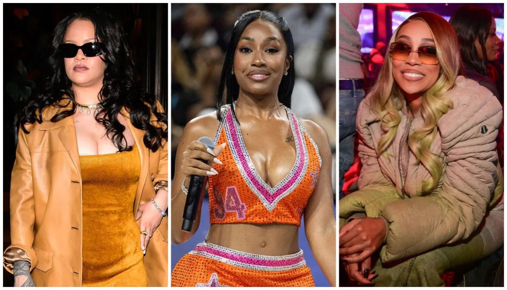 Three images of women: a woman in a yellow outfit with curly dark hair, a woman in an orange bejeweled outfit, and a woman in a beige coat with colorful hair.