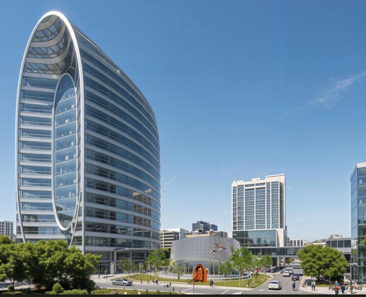 A rendering of a new city hall for Fort Lauderdale designed by City Hall Partners, a team that includes CORE Construction, Stiles Corp., Plenary Americas U.S. Holdings, PGAL and the PALMA architectural firm.