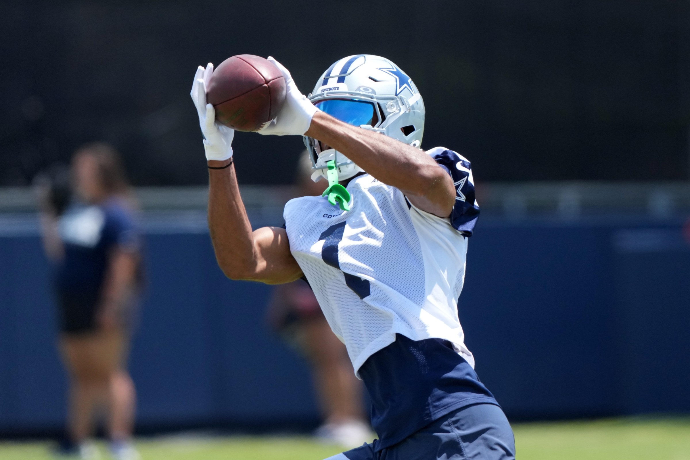Jul 26, 2025; Oxnard, CA, USA; Dallas Cowboys receiver Jalen Tolbert (1) catches the ball at training camp at the River Ridge Fields. Mandatory Credit: Kirby Lee-Imagn Images