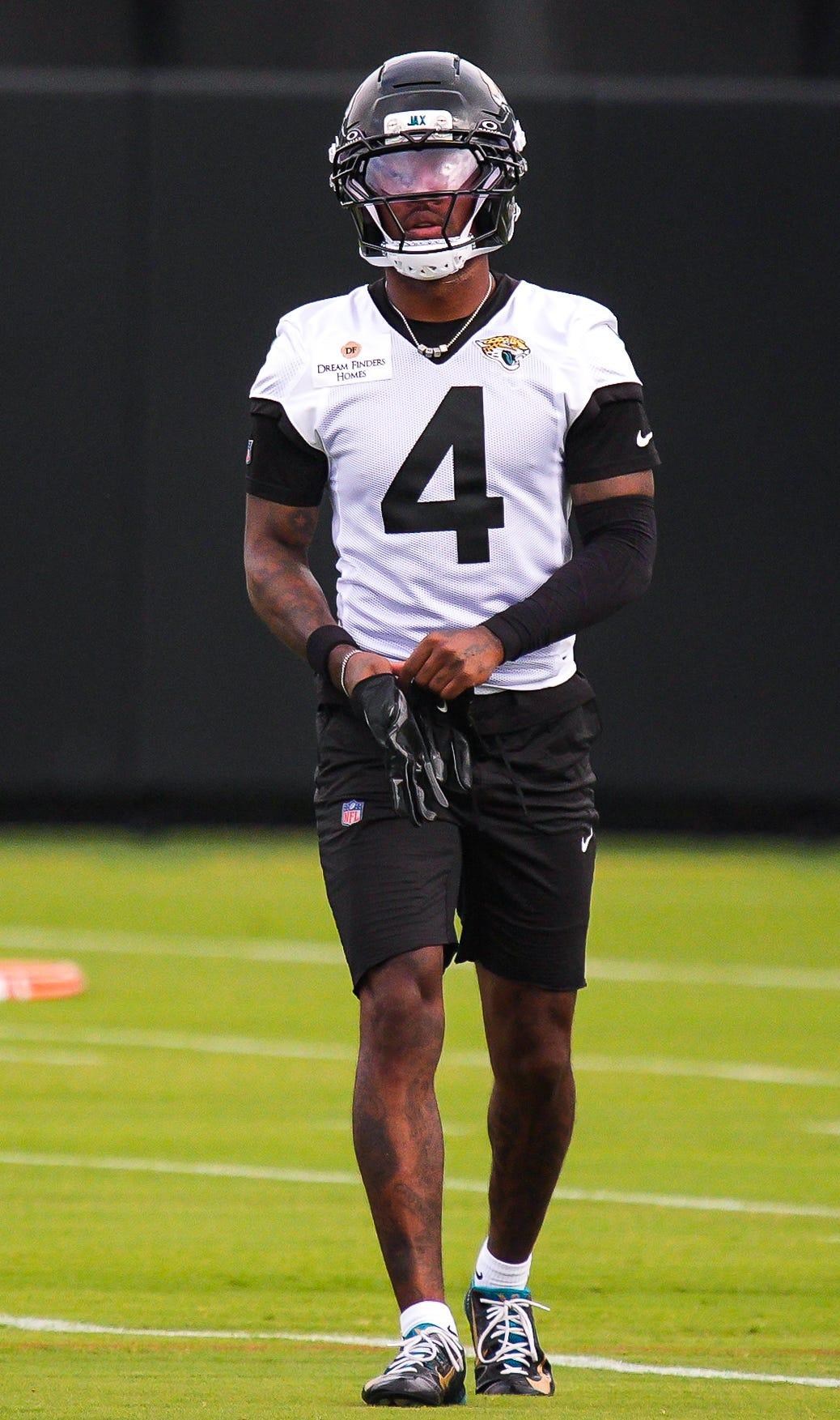 Jaguars corner back Jarrian Jone (4) walks to a drill during the Jaguars’ fourth OTA of the year, Monday June 1, 2026 at the Miller Electric Center in Jacksonville, Fla. [Doug Engle/Florida Times-Union]