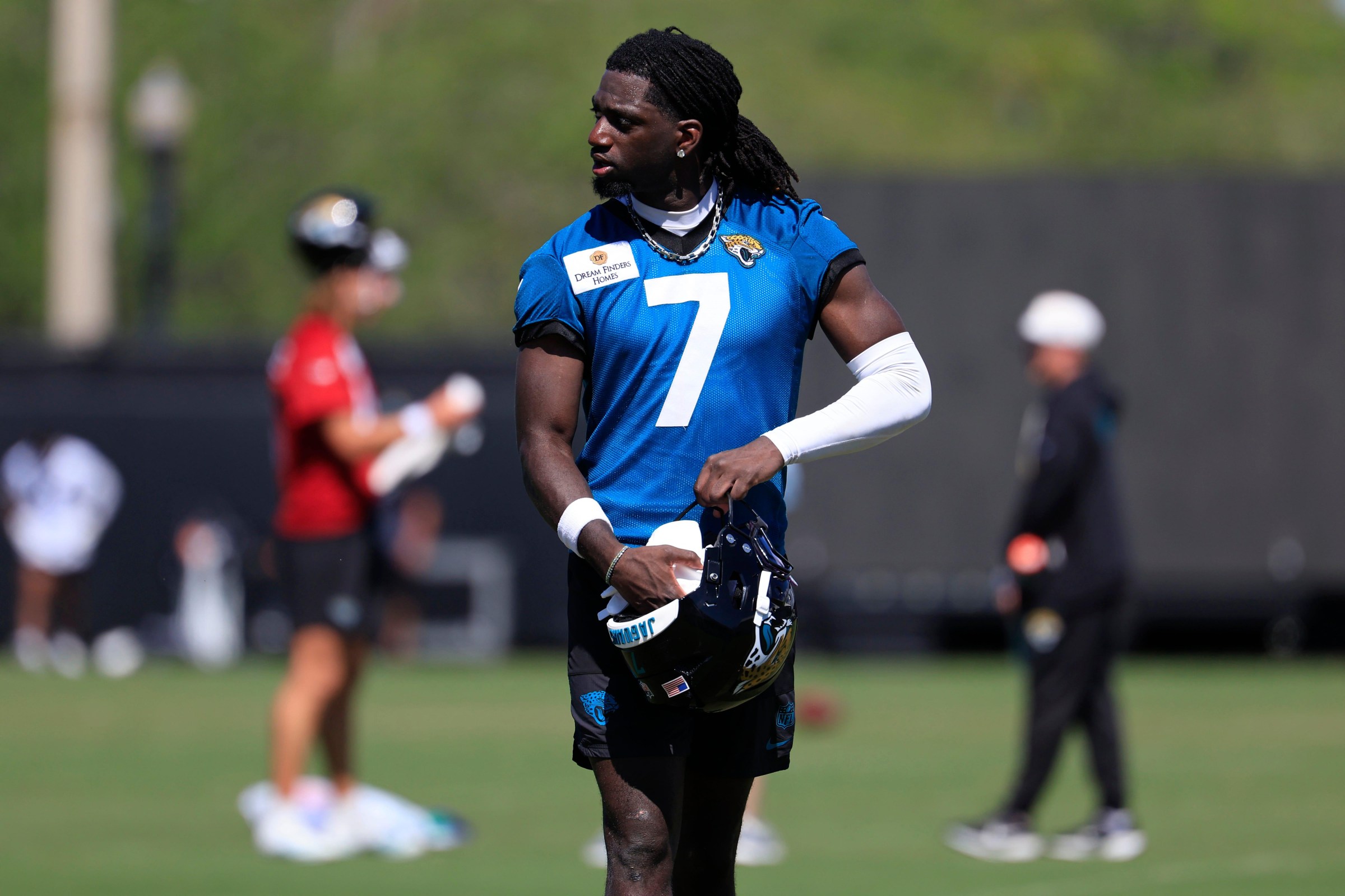 Jacksonville Jaguars wide receiver Brian Thomas Jr. (7) walks off the field during the third day of minicamp at the Miller Electric Center, Thursday, June 11, 2026, in Jacksonville, Fla.