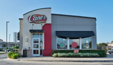 Exterior of a Raising Cane's Chicken Fingers restaurant with the chain's signature red-and-white branding, large front windows and landscaped entrance.