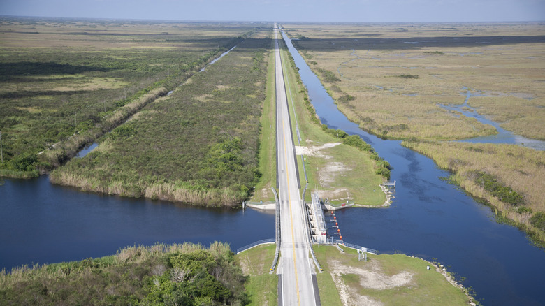 An aerial view of the Tamiami Trail, passing through the marshlands of South Florida