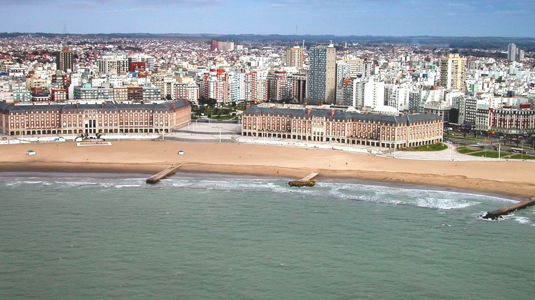 Aerial view of the seaside buildings and beach of Mar del Plata, Argentina