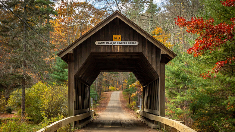 A front view of the Swamp Meadow Covered Bridge