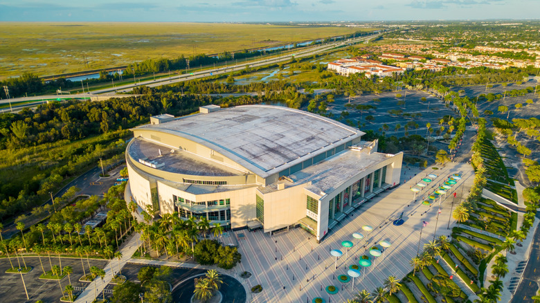 An aerial view of the Amerant Bank Arena and Sunrise, Florida