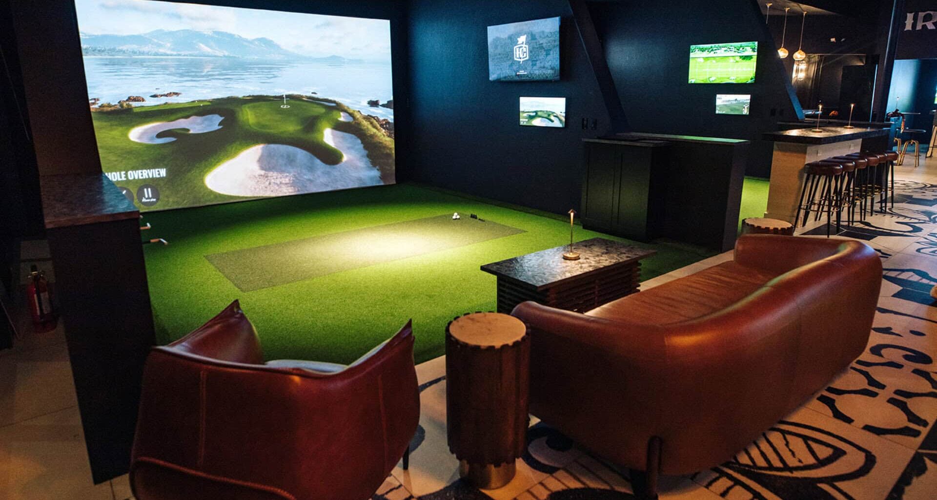 The interior of a simulation golf bar