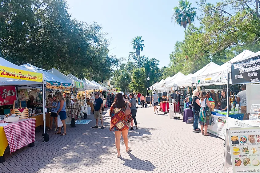 Market stalls at the Art Harvest in downtown Dunedin, Florida.