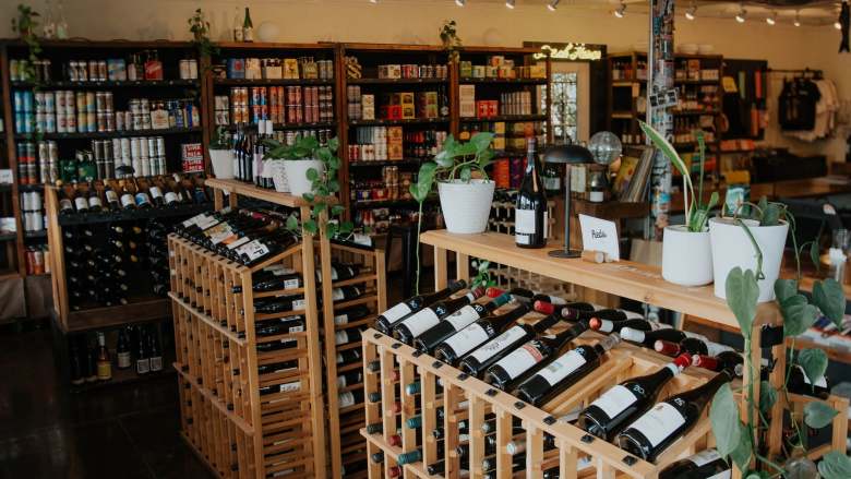 An interior photograph capturing the warm, sunlit shop floor of Jug & Bottle Dept. in the Seminole Heights neighborhood of Tampa, Florida. In the foreground, wooden wine display racks hold slanted bottles of red and natural wines labeled with handwritten price tags, topped with potted green houseplants and a small table lamp. In the background, tall dark wooden shelving units stretch across the room, stacked with a vast, curated selection of craft beer cans, wine bottles, and specialty goods under bright track lighting.