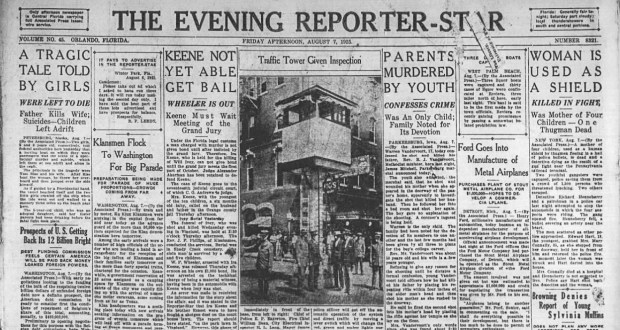 The Aug. 7, 1925 front page of Orlando's Evening Reporter-Star shows the new downtown traffic tower being inspected by local officials. (Orlando Sentinel Staff)