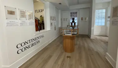 A hallway in the Karpeles Manuscript Museum with exhibits on the wall pertaining to the country's founding.