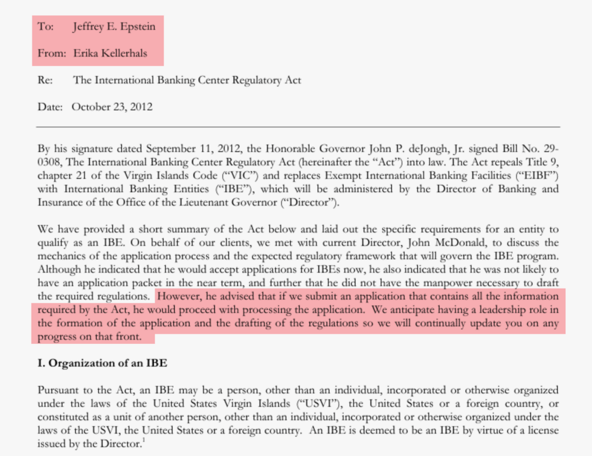 Extract from a memo to Jeffrey Epstein written by his attorney Erika Kellerhals advising him about the U.S. Virgin Islands’ law allowing the formation of international banking entities. The memo was released by the U.S. Justice Department earlier this year.
