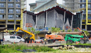 The biggest update we noticed since our last visit in late June is the rock work being done around the porte-cochère at the front of the building.