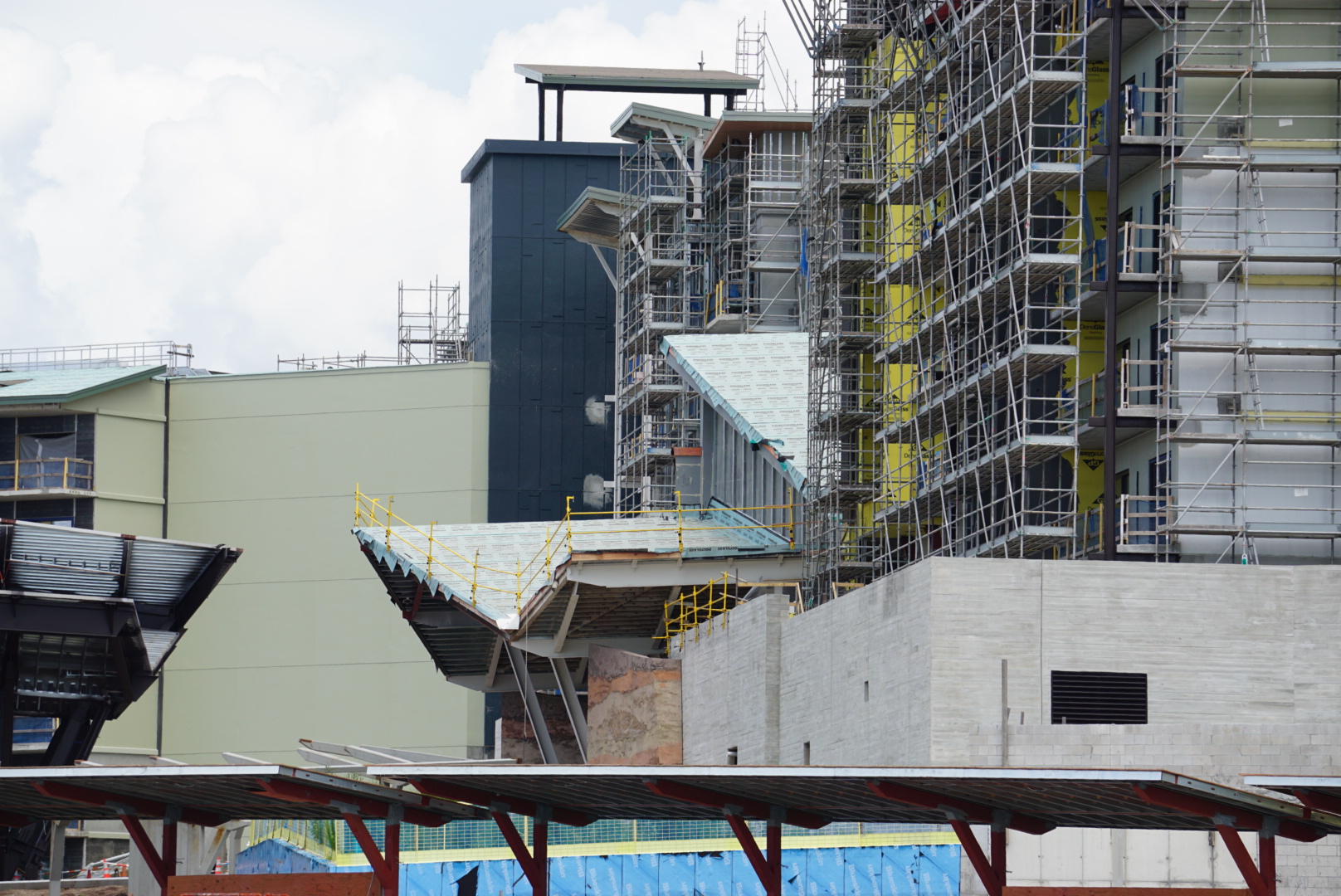 The biggest update we noticed since our last visit in late June is the rock work being done around the porte-cochère at the front of the building.