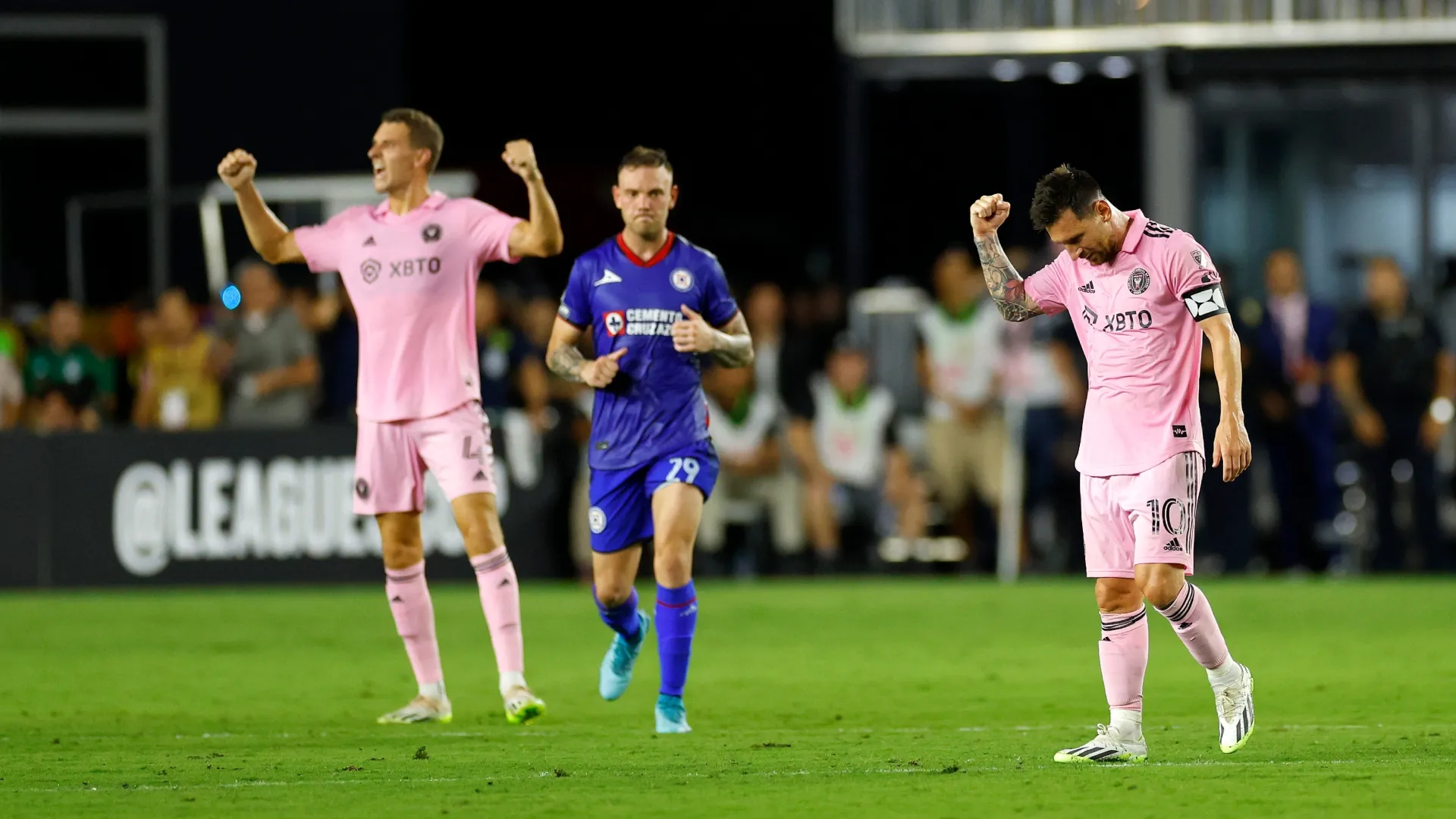 Lionel Messi #10 of Inter Miami CF celebrates after defeating Cruz Azul.