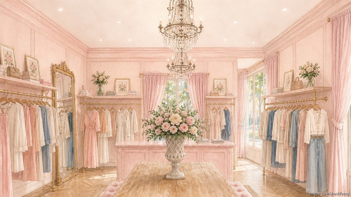 Rendering of the LoveShackFancy boutique opening at Hyde Park Village in Tampa, featuring the brand