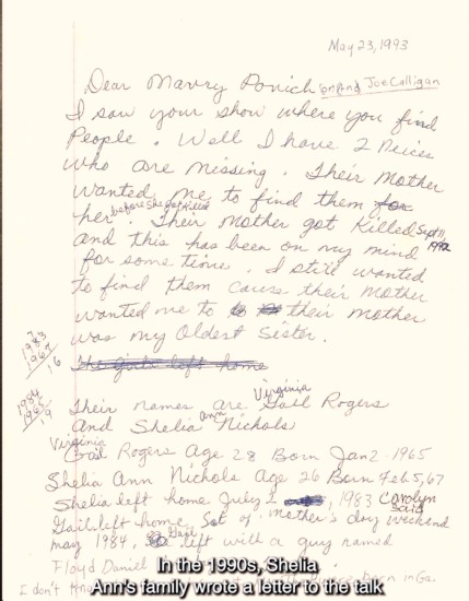 In May 1993, an aunt of Shelia Ann Nichols and Virginia Gail wrote to Maury Povich about her missing nieces. (Broward Sheriff's Office/Courtesy)