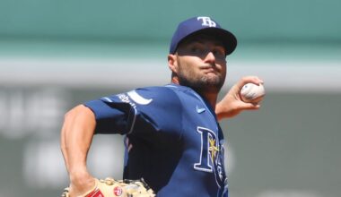 Tampa Bay Rays' Shane McClanahan winds up for a pitch to a Boston Red Sox batter in the first inning of a baseball game, Sunday, July 19, 2026, in Boston. (AP Photo/Steven Senne)