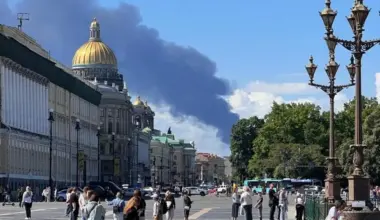 Black smoke rises after Ukraine reportedly launched unmanned aerial vehicle (UAV) attacks on the opening day of the St. Petersburg International Economic Forum, one of Russia