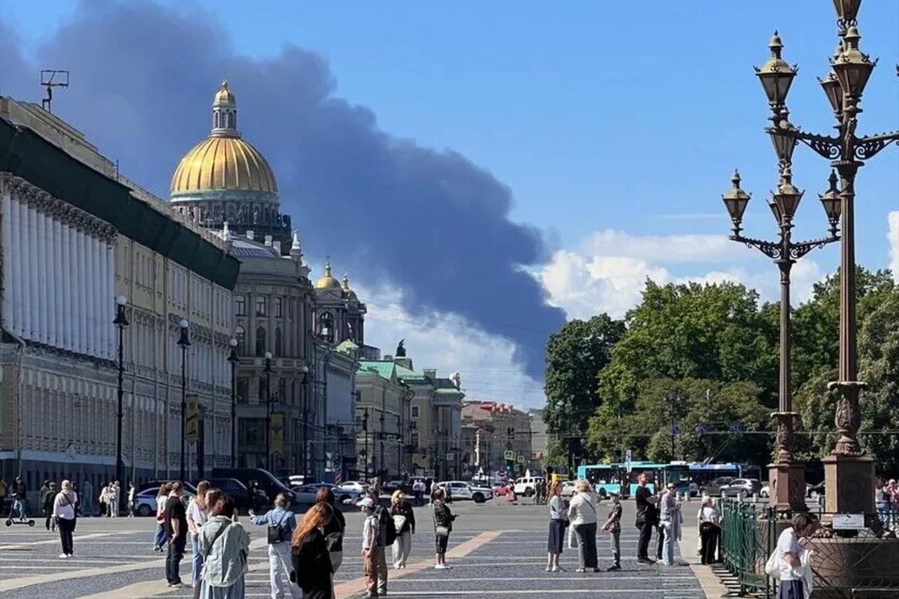 Black smoke rises after Ukraine reportedly launched unmanned aerial vehicle (UAV) attacks on the opening day of the St. Petersburg International Economic Forum, one of Russia
