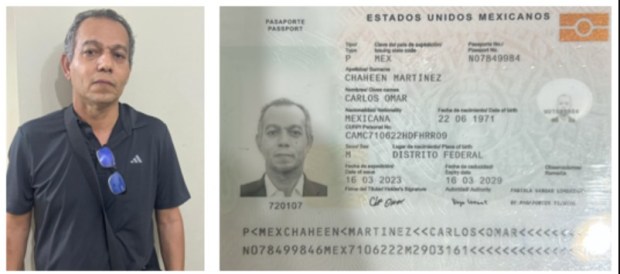 Khalid Satary is shown at left after he was apprehended in July 2026. He was found with a fake Mexican passport, shown at right. (Department of Justice/Courtesy)