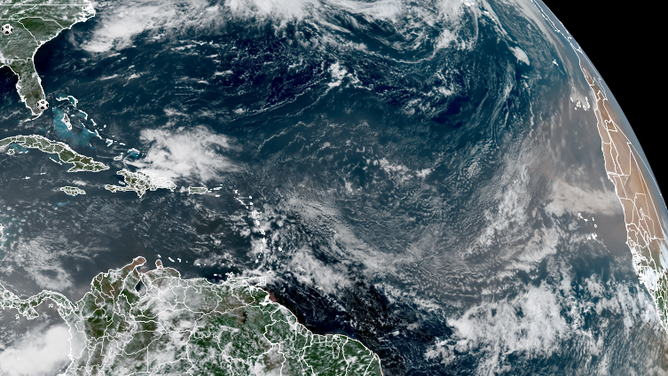 A satellite image of the plume of Saharan dust moving off the coast of Africa through the Atlantic on July 8, 2026.