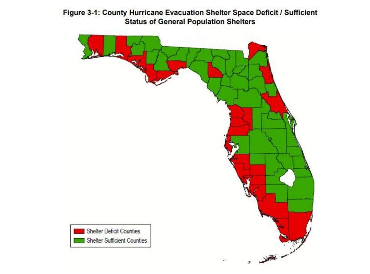 A 2025 report by the Florida Department of Emergency Management found that many counties in Florida lack adequate space at general population shelters, the “last resort” for hurricane evacuation.