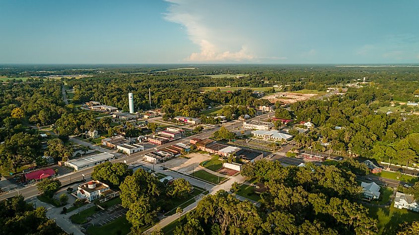 Aerial sunrise view of downtown Williston, Florida.