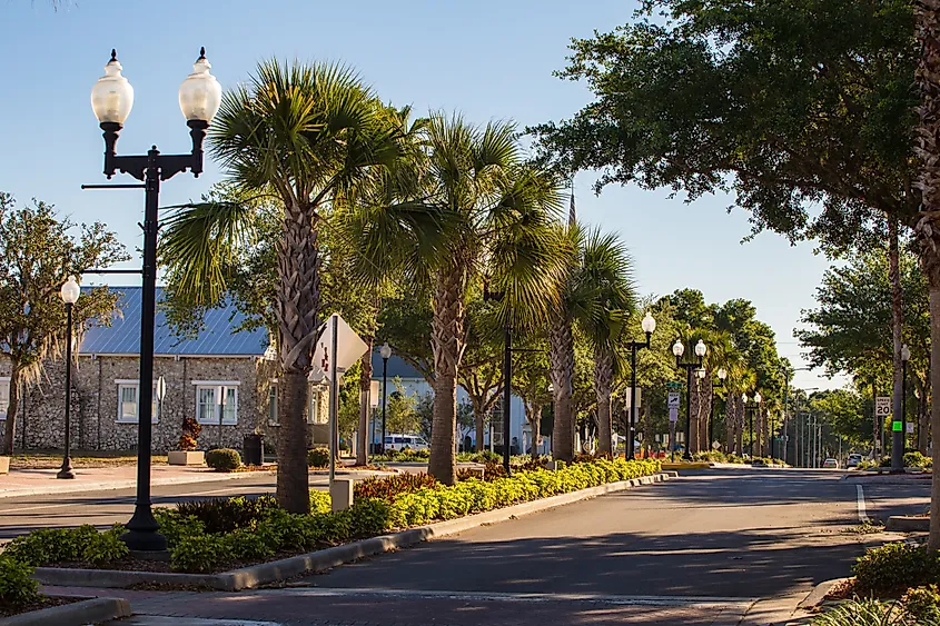 Downtown streetscape along 5th Avenue in Zephyrhills, Florida.