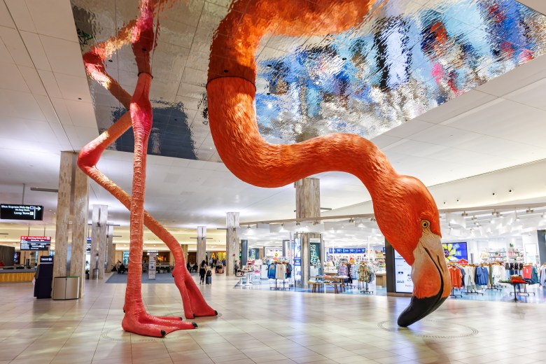 Floor-to-ceiling floor flamingo art installation dipping its head in Tampa International Airport terminal