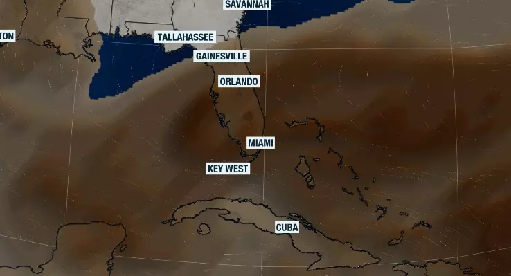 A map showing a blanket of Saharan dust over Florida.