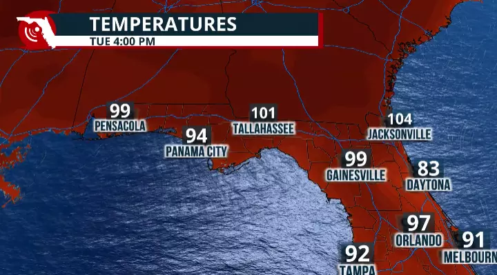 Map showing heat forecast across Florida.