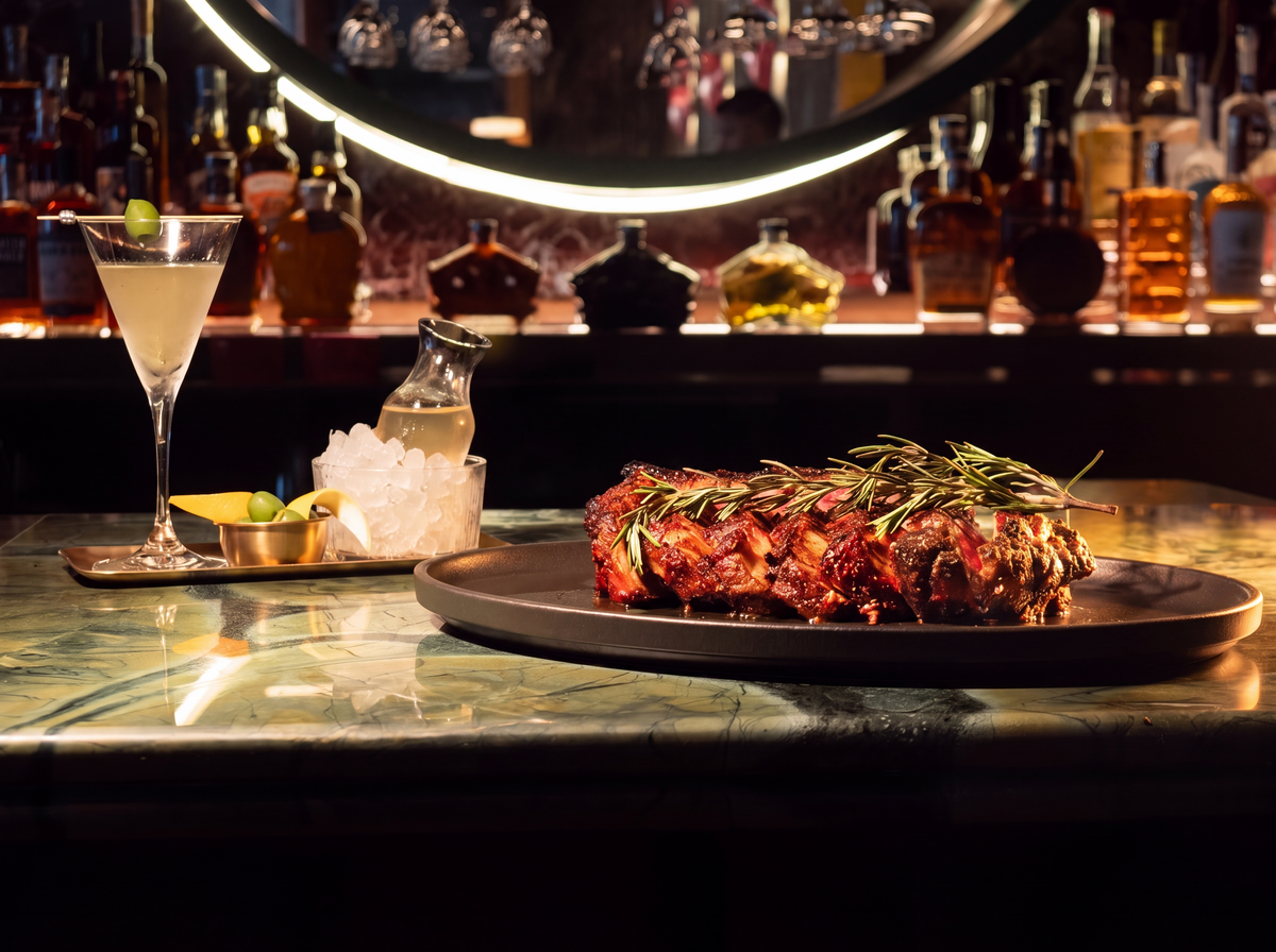 A steak and a cocktail at Flight West restaurant in South Miami.