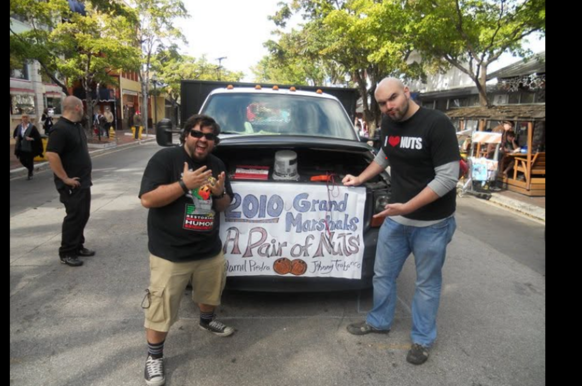 A Pair of Nuts, Johnny Trabanco, left, and Yamil Piedra, were grand marshals of the King Mango Strut parade in Coconut Grove in 2010