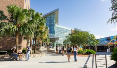 Students walk in front of John C. Hitt Library at UCF's main campus.